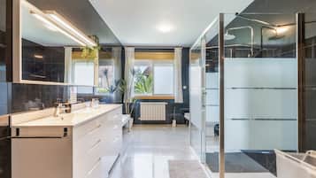 Shower, hair dryer, towels