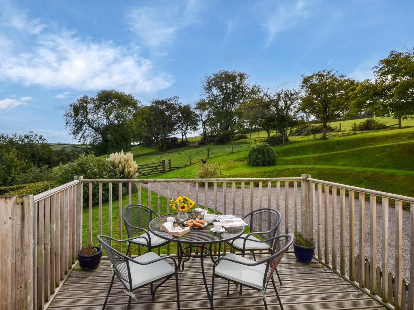 A wooden deck with a table and chairs, overlooking a grassy landscape with trees and hills.