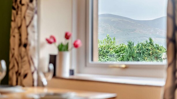 Una stanza con una finestra che si affaccia su un paesaggio montuoso, un vaso con fiori e una tenda decorata.