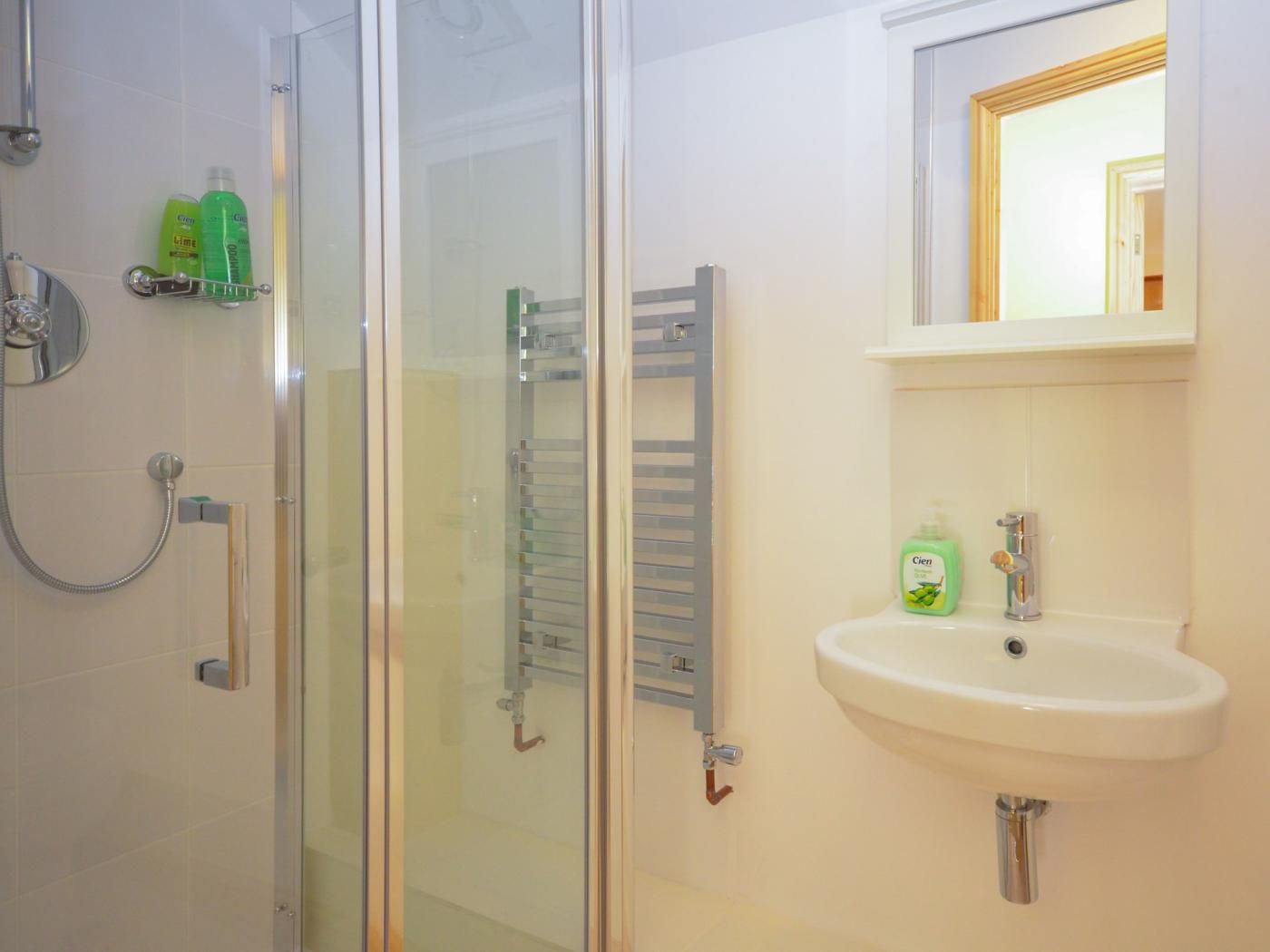 A bathroom with a glass shower enclosure, a glass door, a white sink, and a mirror above the sink.