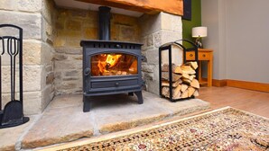 Una chimenea de piedra con un estufa de leña negra, un montón de leña y un tapete estampado en el suelo.