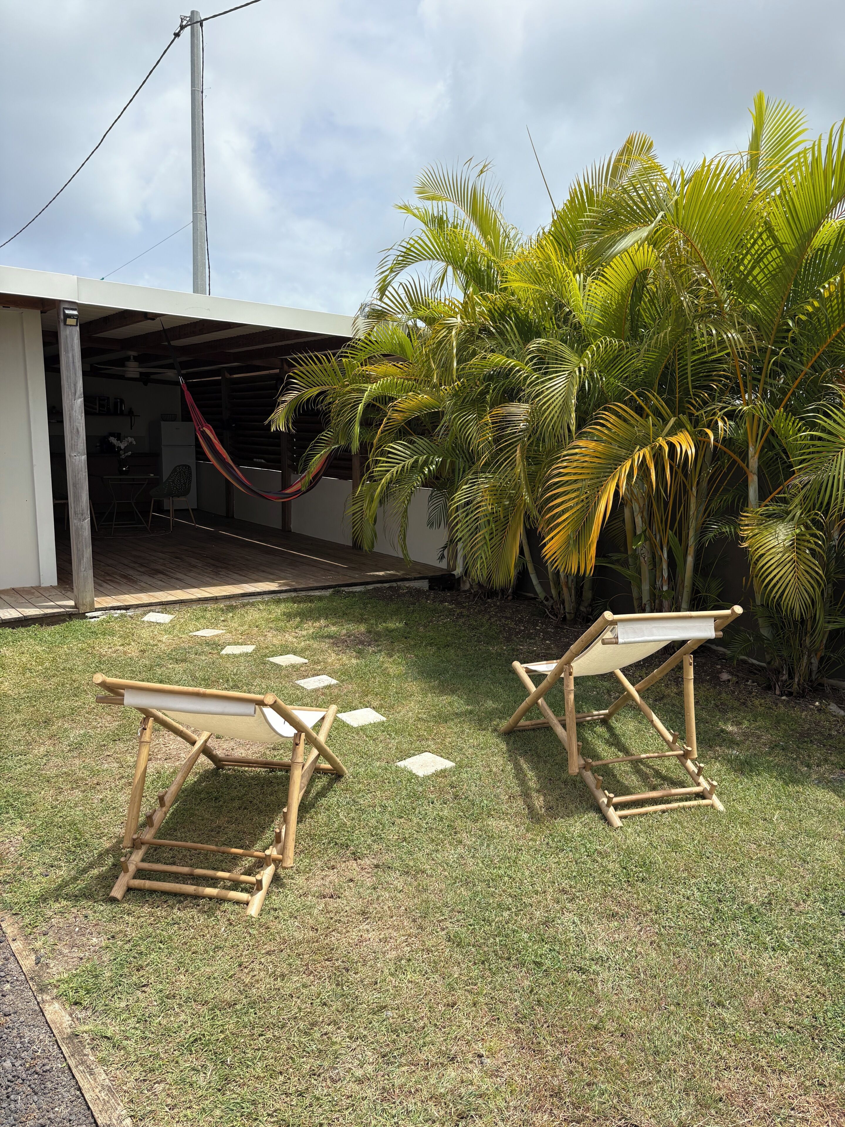 A backyard with a hammock, palm trees, and two wooden chairs.