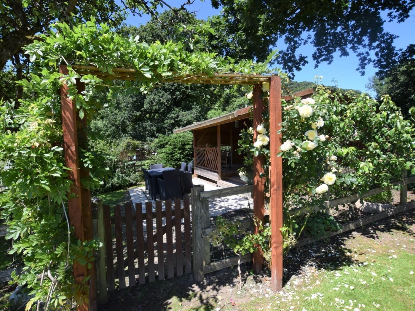 Een houten pergola met klimplanten en een tafel met stoelen eronder.