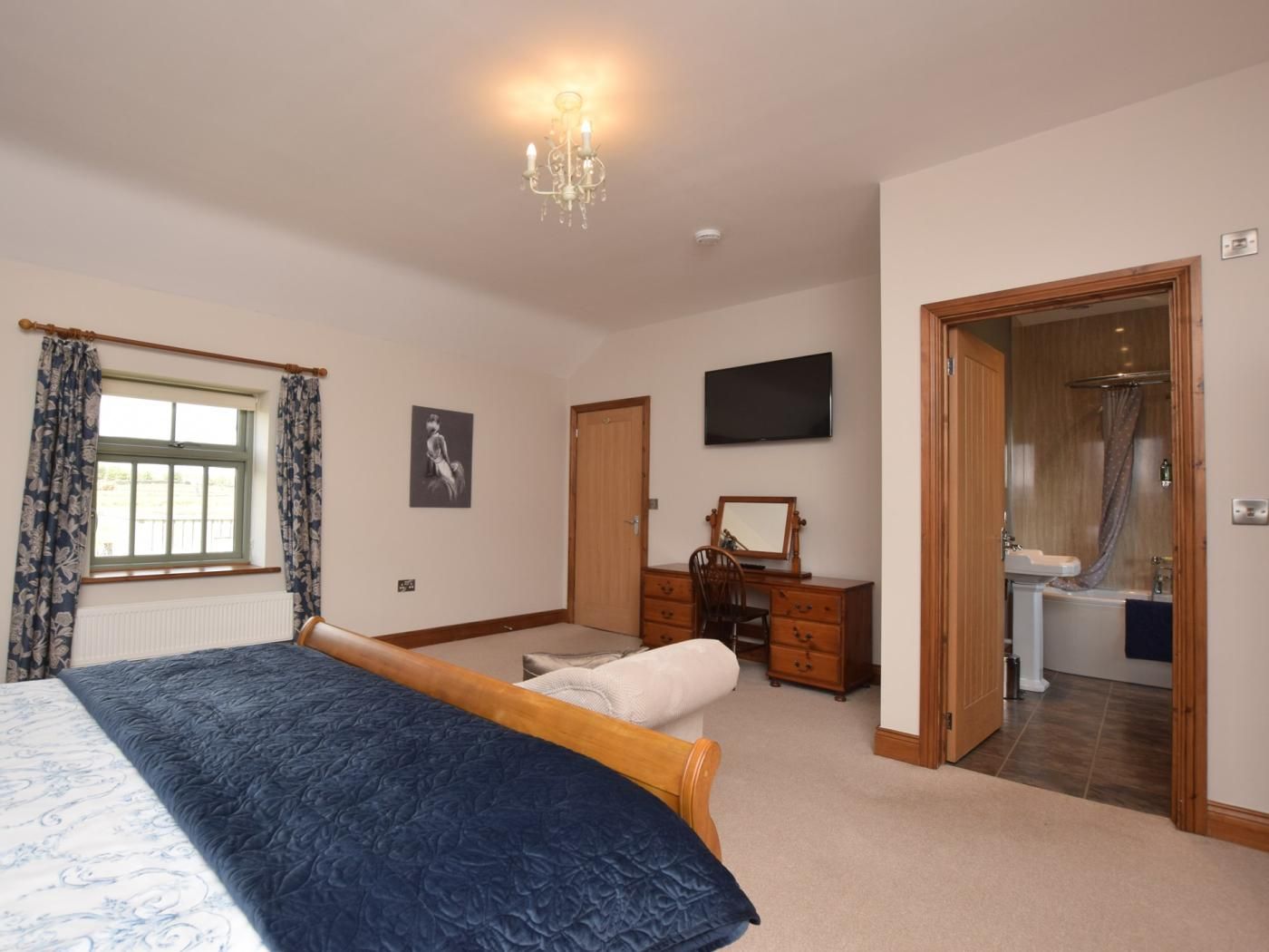 A bedroom with a bed, a dresser, a mirror, a television, and a bathroom with a shower.