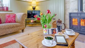 Un salon confortable avec un canapé, une table basse, une cheminée et un téléviseur.