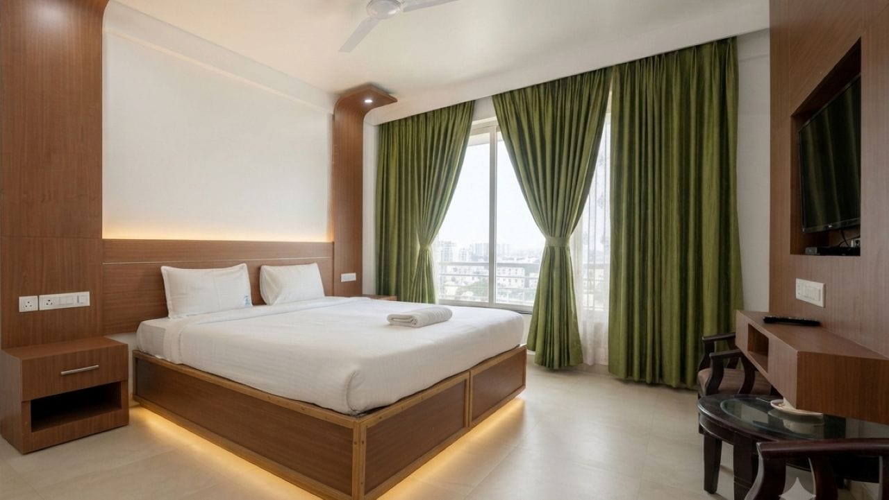 Een hotelkamer met een bed, bureau, stoel en televisie.
