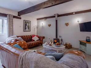 A cozy living room with a leather sofa, a coffee table, a fireplace, and a television. - 2 Bed in Tintagel (oc-36913) (Tintagel)
