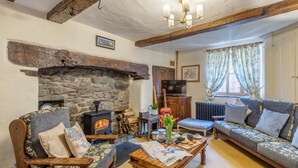 Una sala acogedora con chimenea de piedra, muebles de madera, un televisor y un sofá.