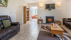 A modern living room with a leather sofa, a fireplace, a flat-screen TV, and a bookshelf. - 4 Bed in Lampeter (oc-41577) (Cellan)