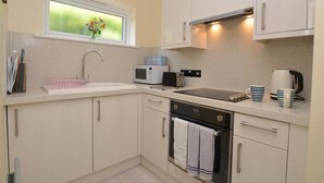 Une cuisine compacte équipée d’une fenêtre, d’un four à micro-ondes, d’un grille-pain, d’une bouilloire et d’un évier.