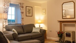 A living room with a sofa, a lamp, a fireplace, and a window with curtains. - 2 Bed in Launceston (oc-41992) (Saint Giles on the Heath)