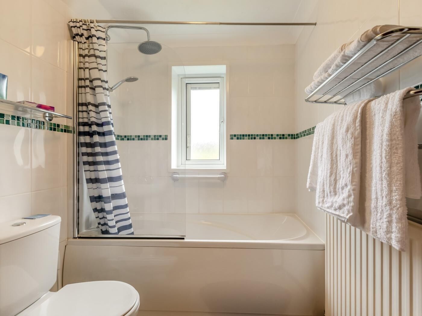 A bathroom with a shower, toilet, and a window.