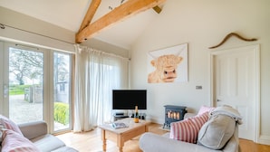A cozy living room with a sofa, a television, a table with a bottle, and a fireplace. - 2 Bed in Sherborne (oc-41897) (Ryme Intrinseca)