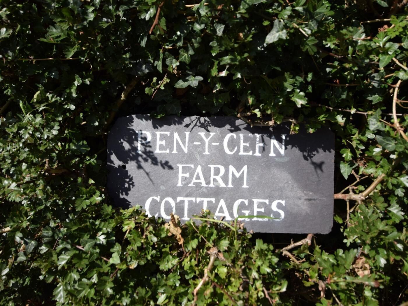 A sign with the text 'PEN-Y-CHEIN FARM COTTAGES' surrounded by dense foliage.