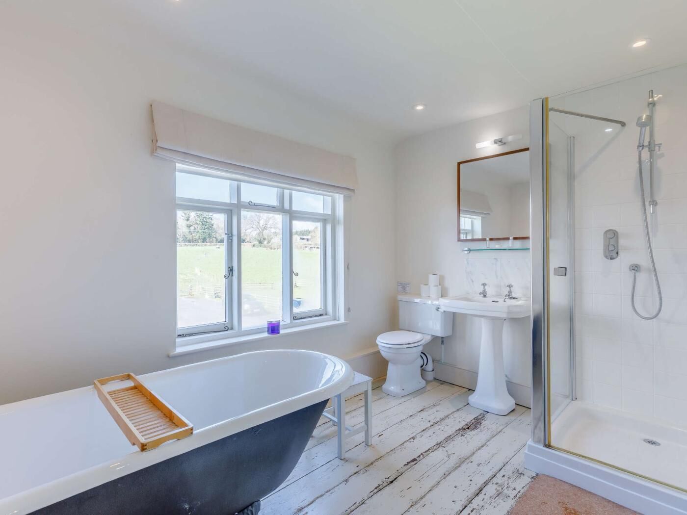 Une salle de bain avec une baignoire, des toilettes et une douche.