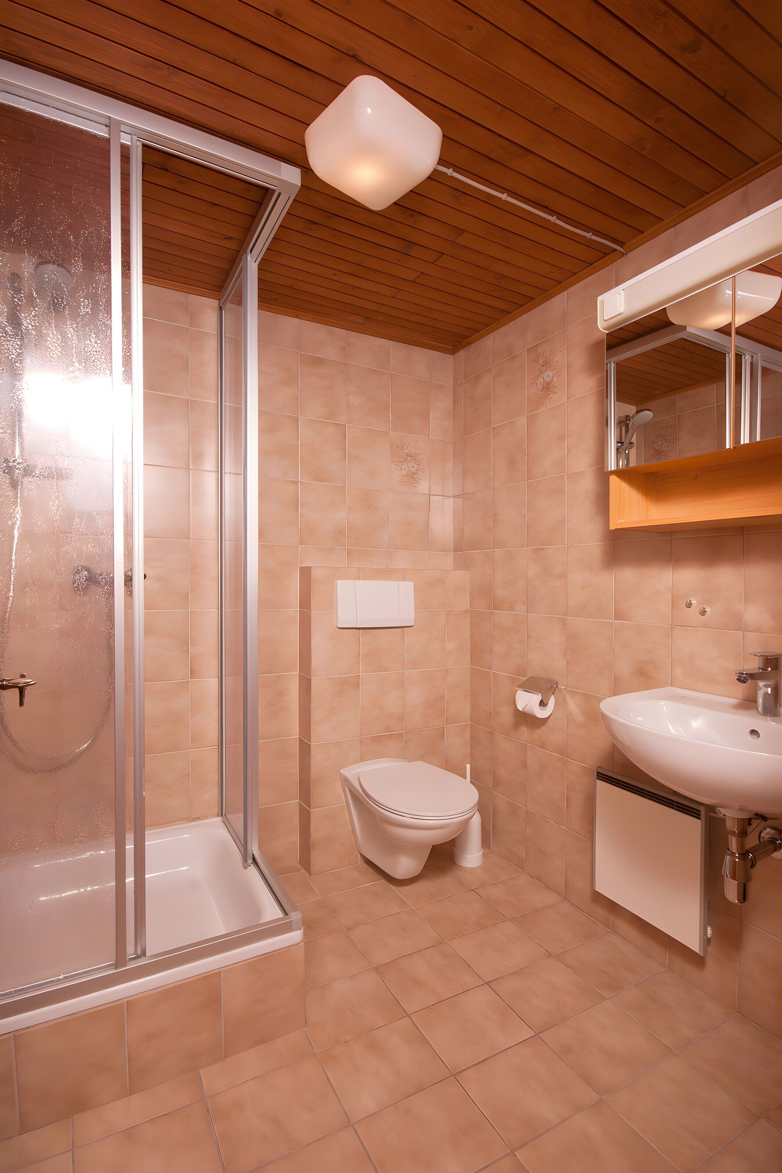 Une salle de bain moderne équipée d’une douche, de toilettes et d’un lavabo.