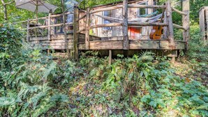 A rustic wooden structure with a hammock and a guitar, surrounded by dense foliage.
