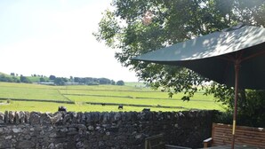 Eine Steinsichtmauer, eine Holzbank, ein Picknicktisch und ein Blick auf ein grünes Feld mit Kühen.