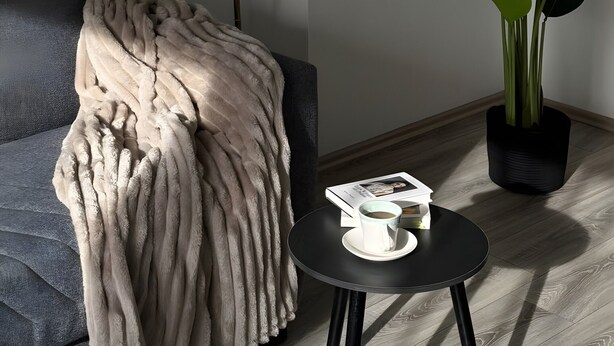 Un salon moderne avec un canapé gris, un plaid, une lampe sur pied, une plante en pot et une petite table ronde sur laquelle se trouvent une tasse et un livre.