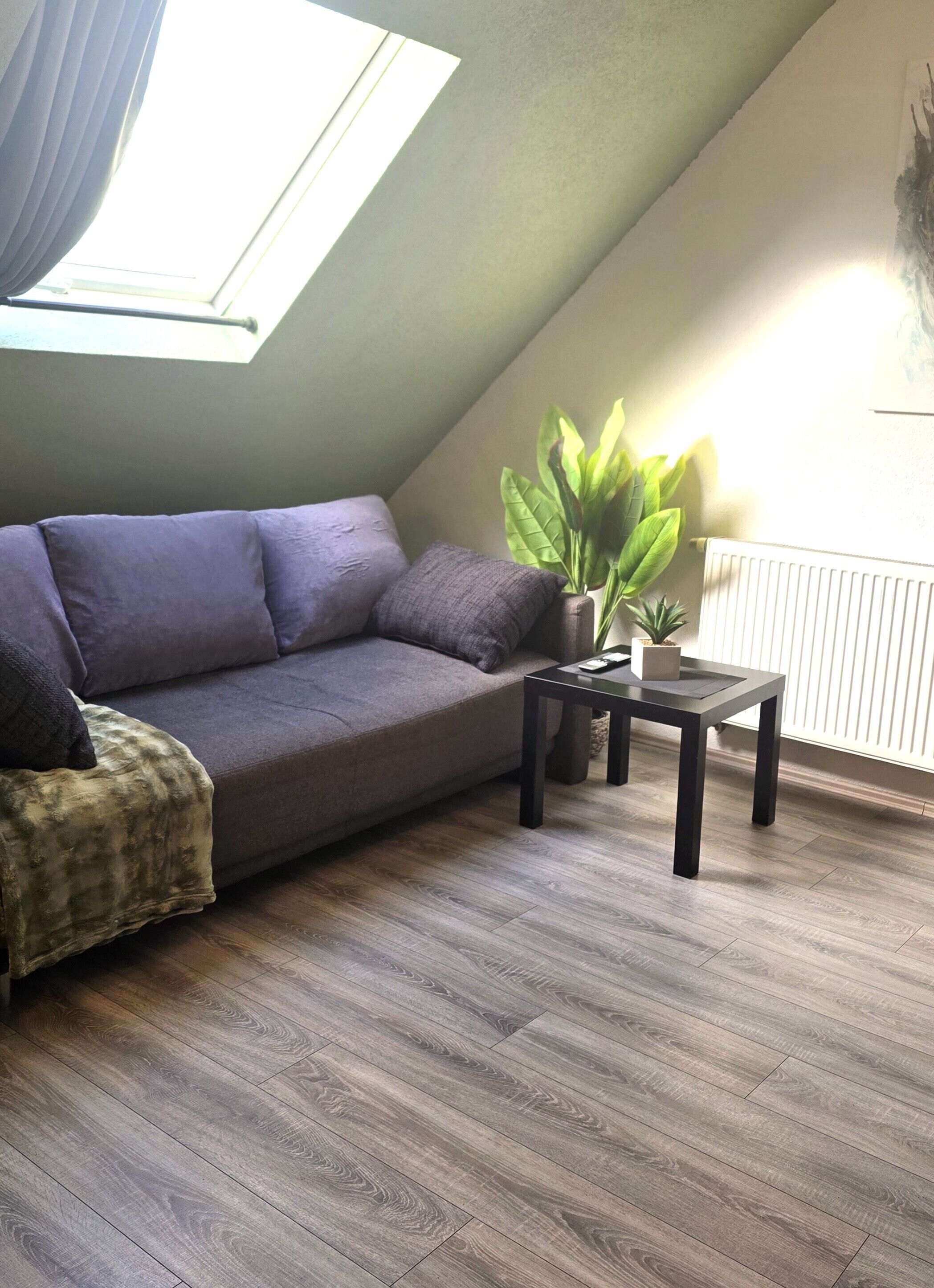 A room with a sloped ceiling, a sofa, a small table, a potted plant, and a radiator.