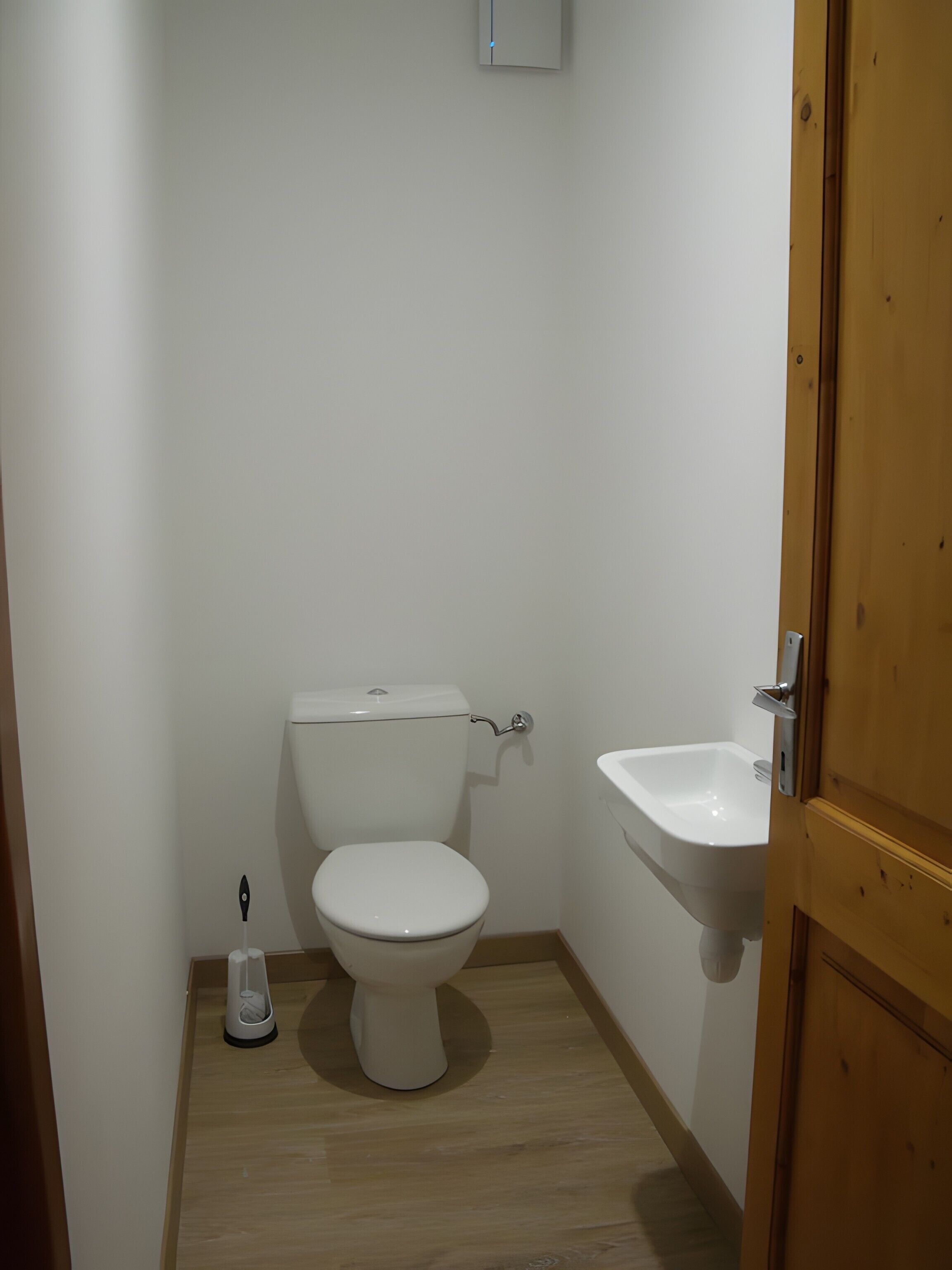 Une petite salle de bain propre, avec des toilettes et un lavabo, un plancher en bois et une porte.