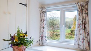 Ein Zimmer mit Fenster, einem Blumentopf und einer weißen Wand.