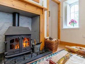 A wood-burning stove in a room with a window, a basket, and a rug. - 1 Bed in Cupar (oc-45667) (Ladybank)