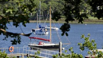 A marina with several sailboats docked, surrounded by greenery.