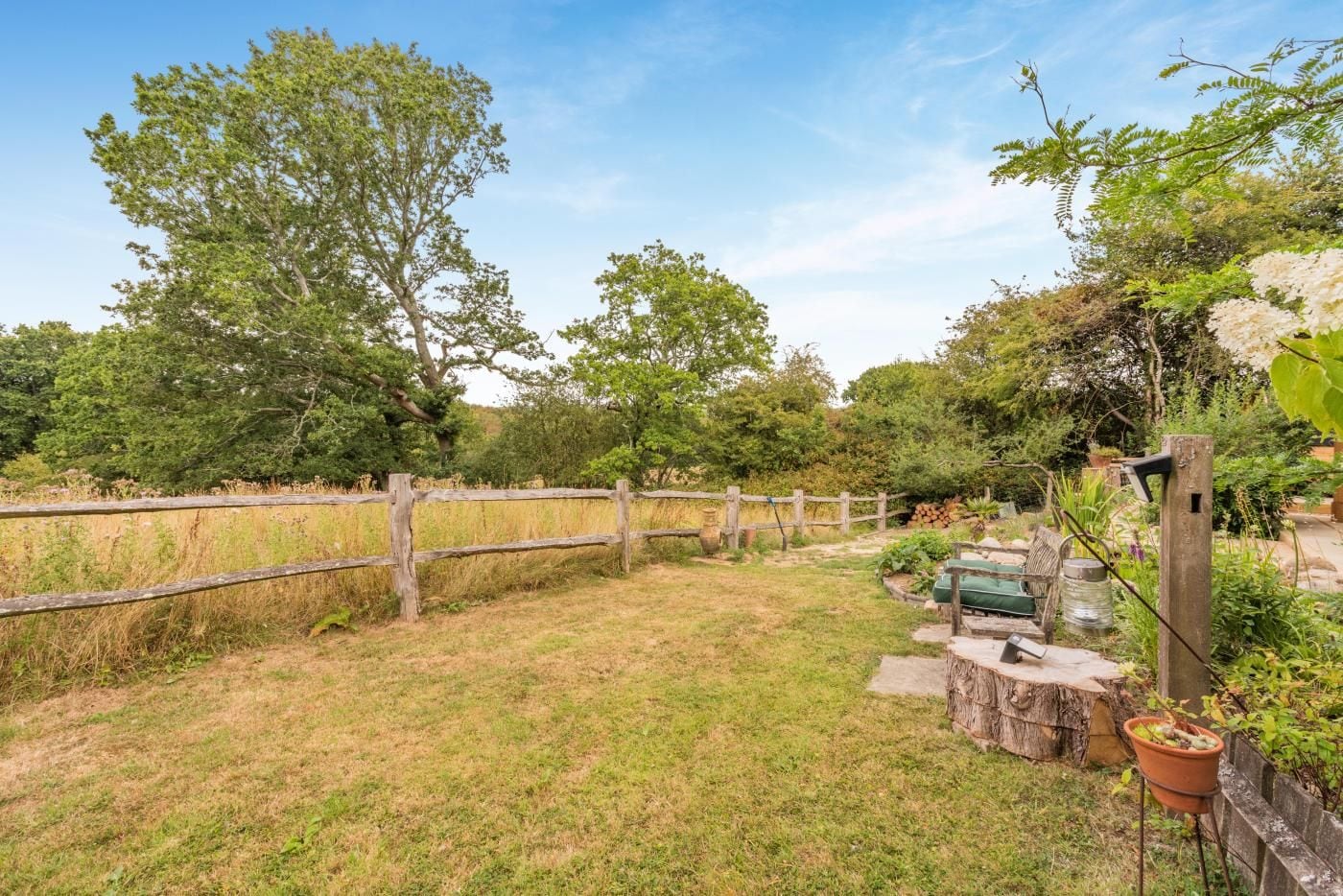 A fenced outdoor area with a grassy lawn, a wooden fence, and a variety of plants and trees.