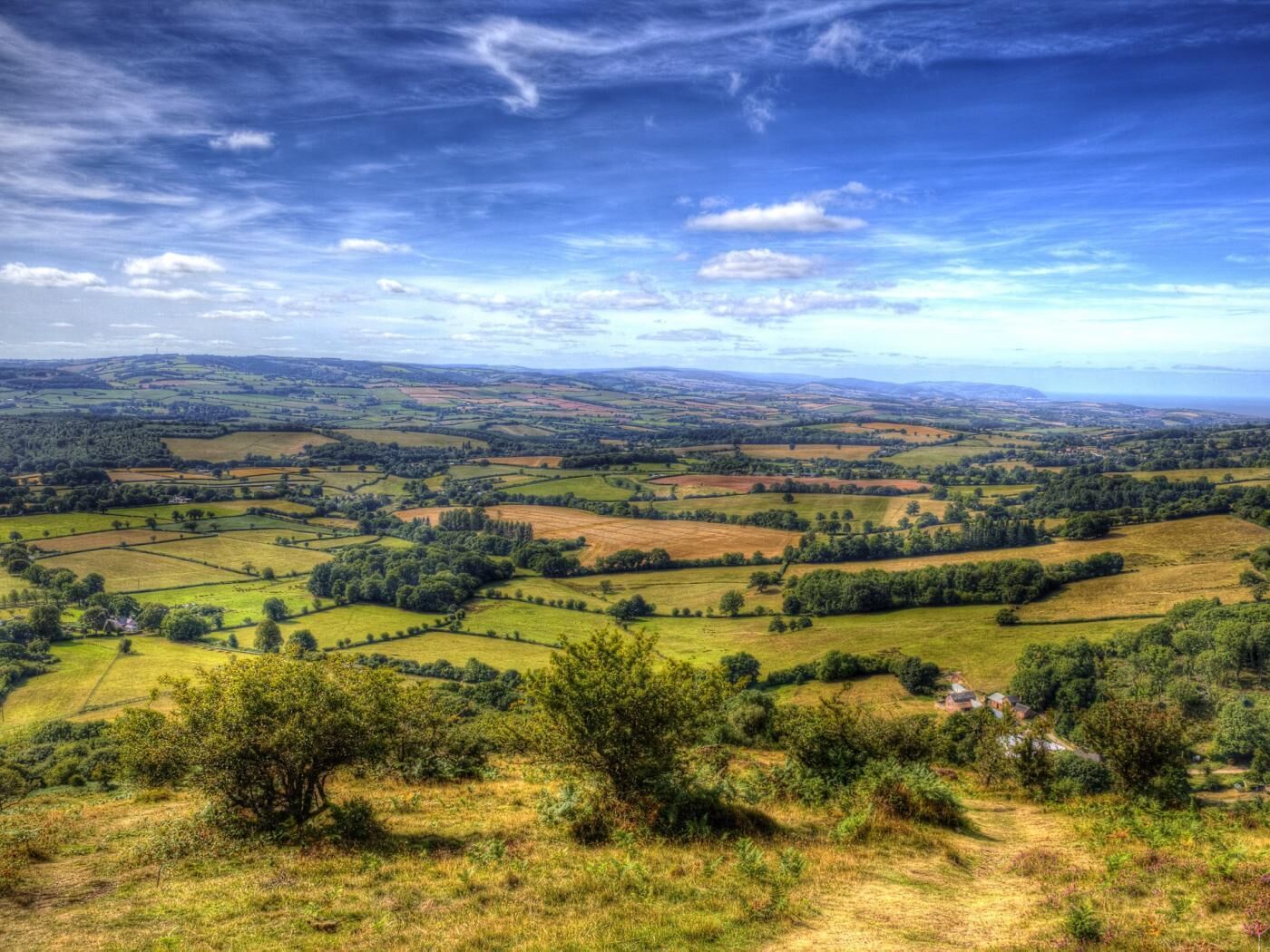 A panoramic view of a rural landscape with rolling hills, fields, and scattered trees.