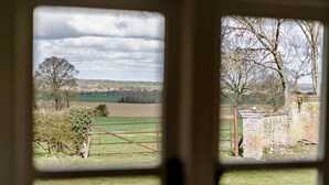 Blick durch ein Fenster auf einen Holzzaun, eine Ziegelwand und einen Baum.