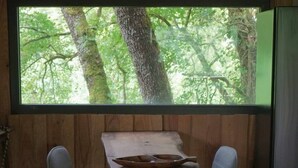 Ein Holzinnenraum mit einem Tisch, zwei Stühlen, einem Fenster mit Blick auf Bäume und einem Kühlschrank.
