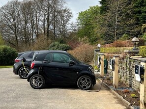 Ein schwarzes Auto ist an einer Ladestation in einer begrünten Anlage mit Steinmauern und Bäumen geparkt.