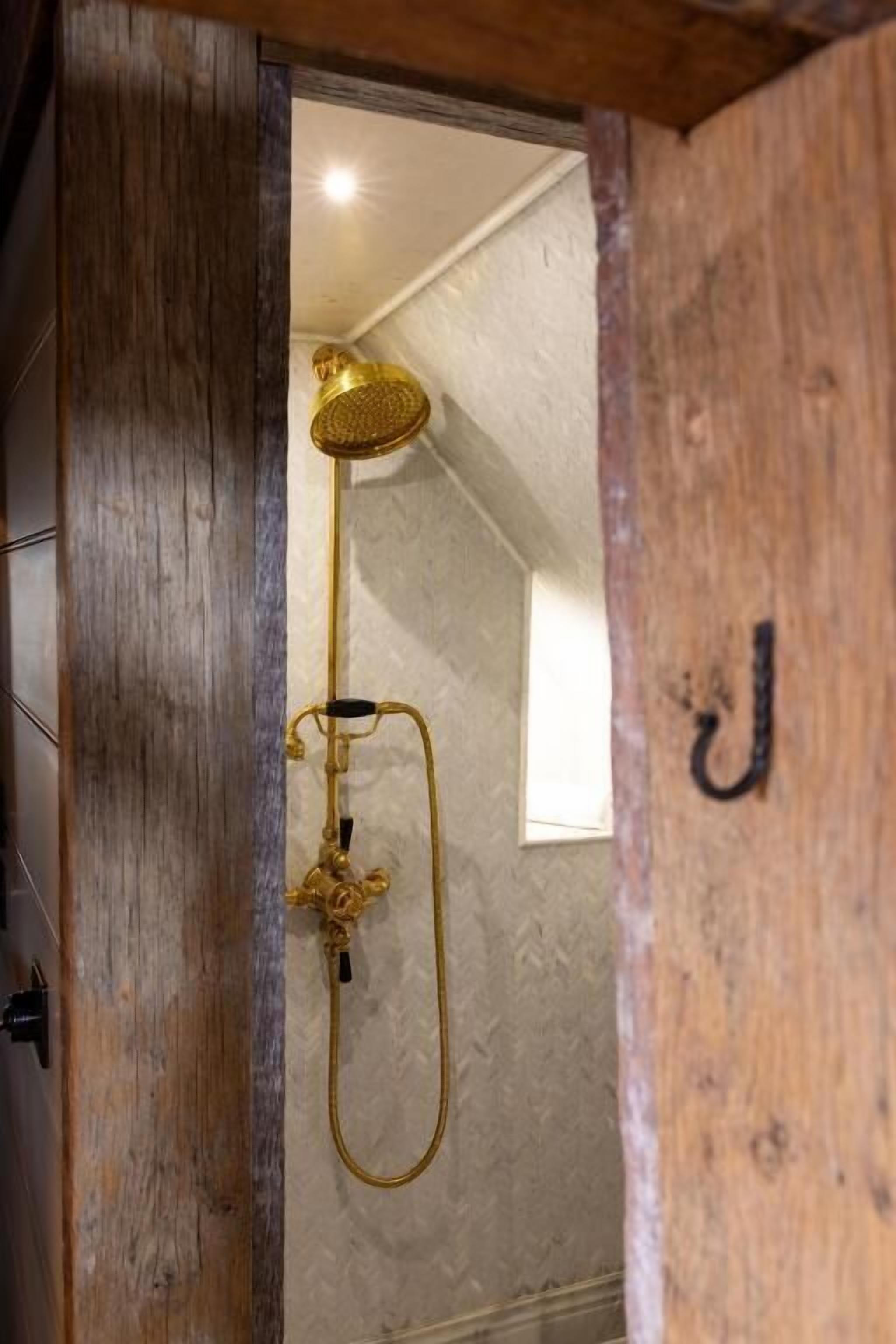 A wooden door with a brass shower head and a towel rack.