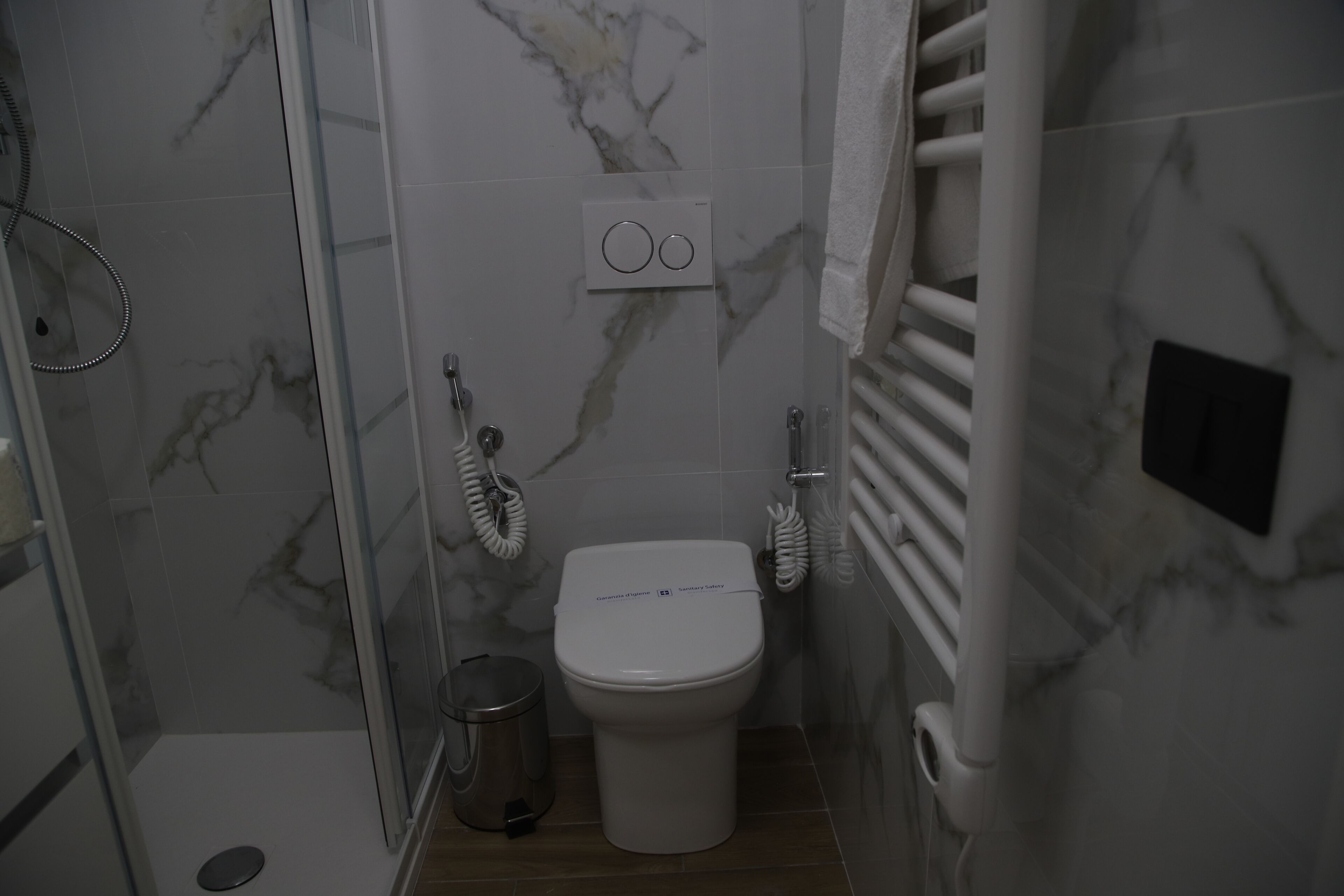 A compact bathroom with a toilet, a shower, and a towel rack.