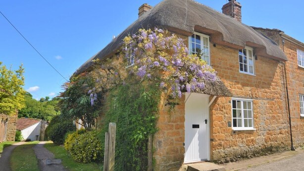 Ein Steinhaus mit Strohdach, einer weißen Tür und lila Blumen.