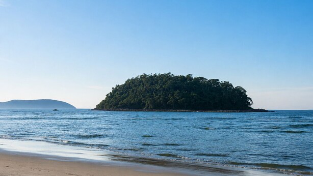 A beach with a small island in the distance. - Family home in Lagoinha: sea view, barbecue and 24-hour security. (Ubatuba)