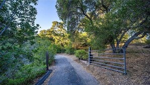 Un chemin pavé mène à une entrée fermée par un portail, qui est elle-même entourée d’arbres et d’arbustes.