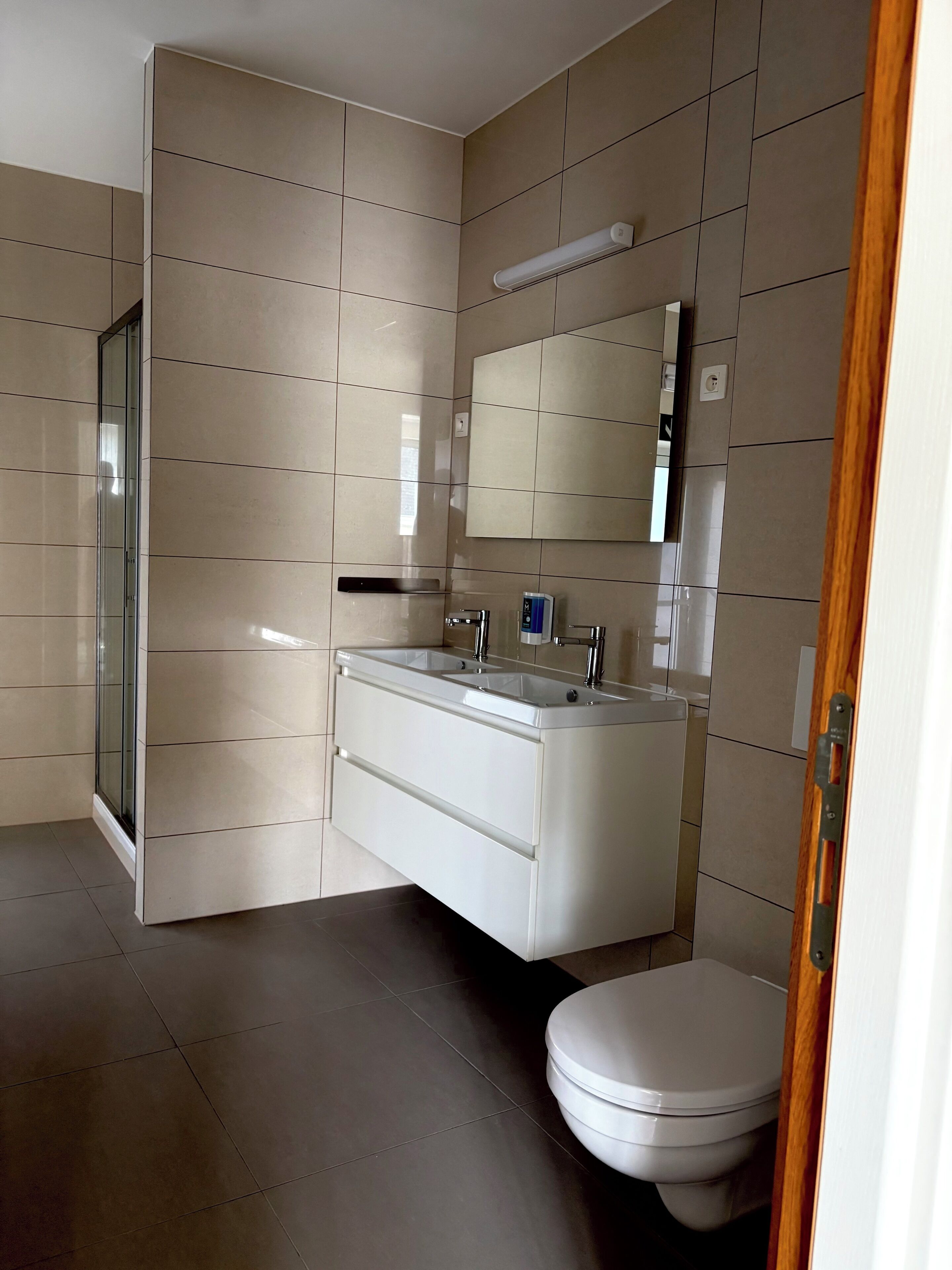 A modern bathroom with a corner sink, a toilet, and a glass shower enclosure.