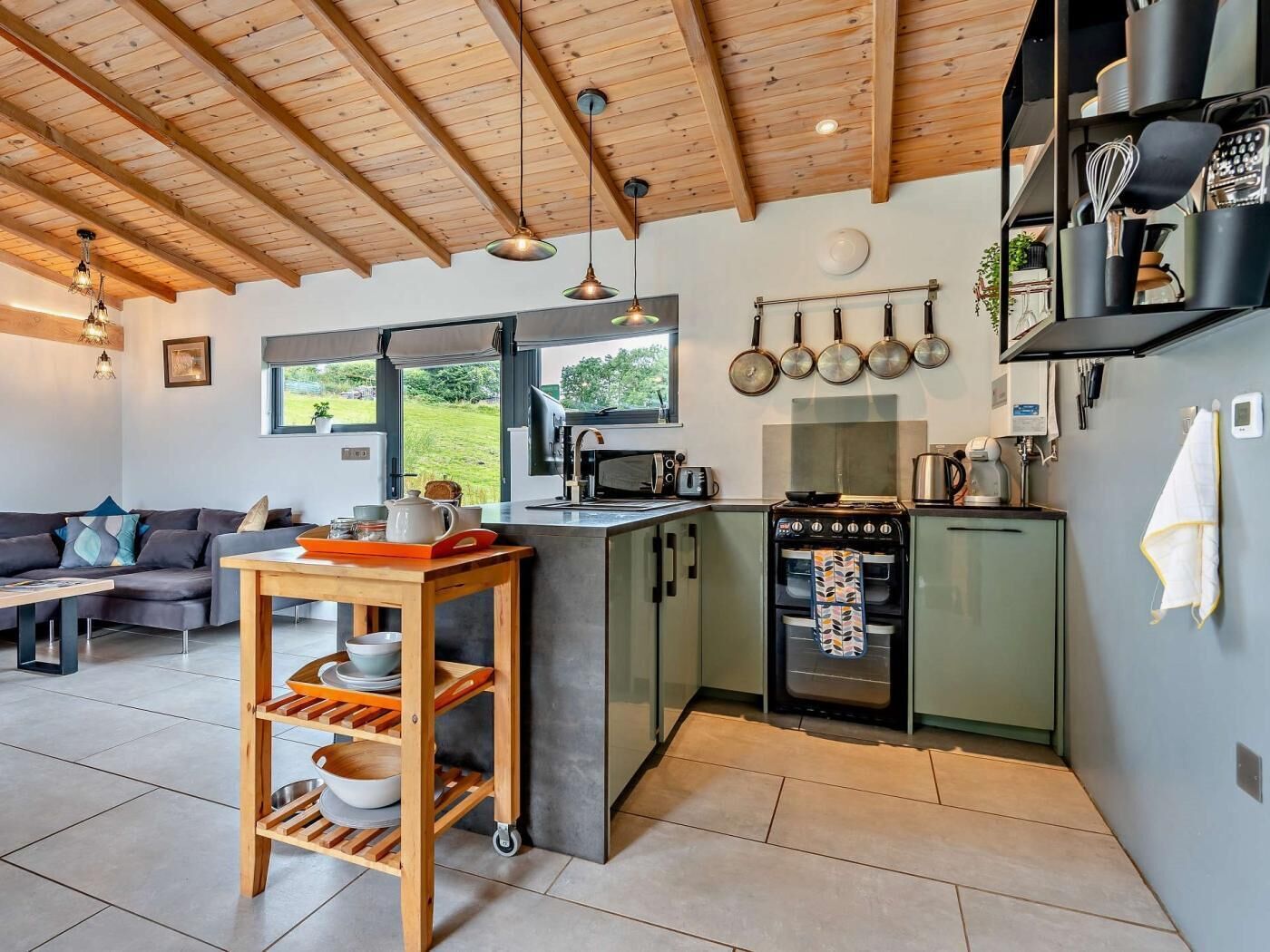 Oven, dishwasher, high chair, cookware/dishes/utensils
