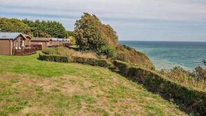 A coastal area with a row of cabins, a large tree, and a view of the sea.