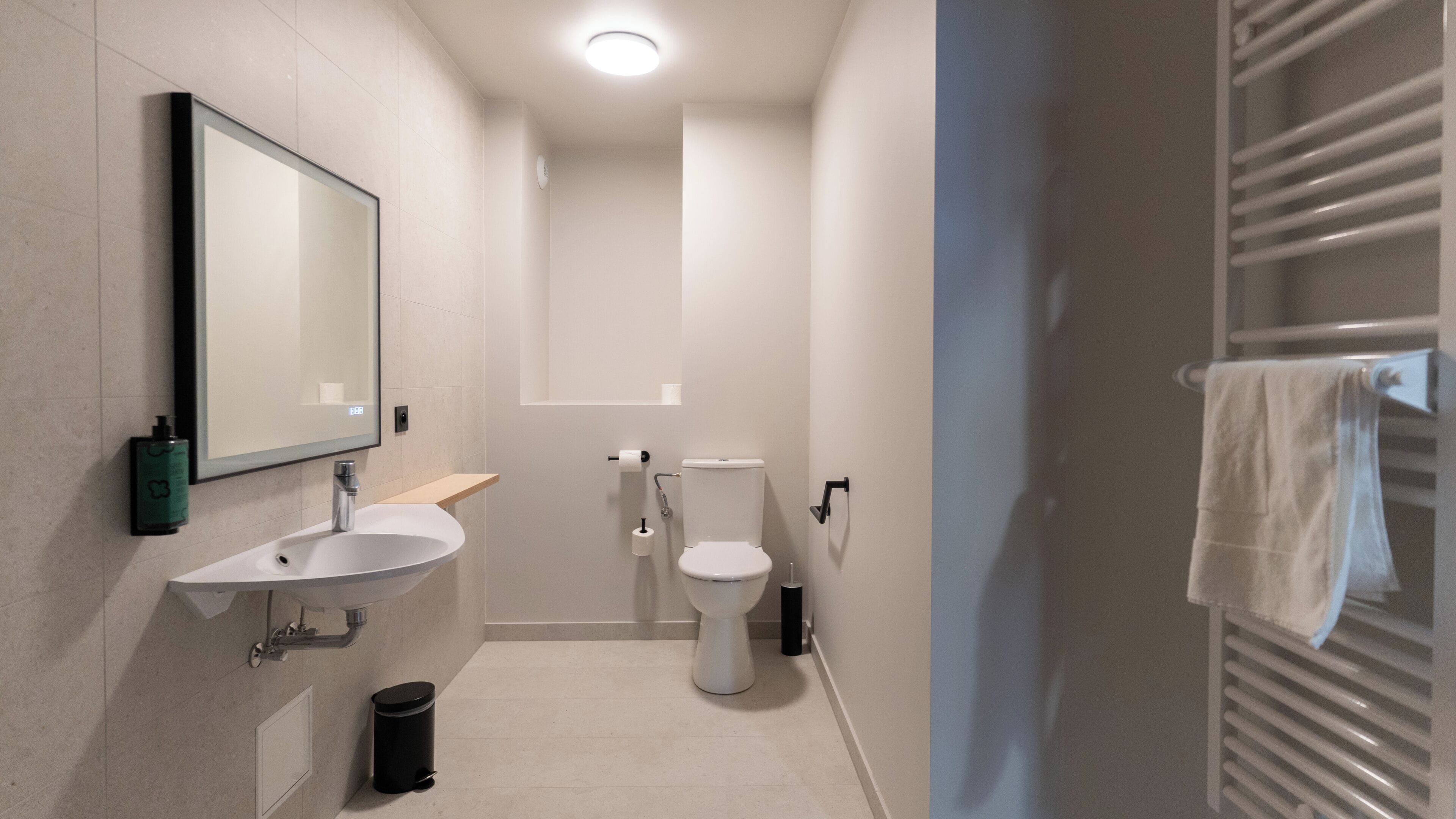 Chambre Double, 1 grand lit, accessible aux personnes à mobilité réduite | Salle de bain | Sèche-cheveux, serviettes fournies, savon, shampoing