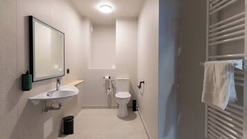 Chambre Double, 1 grand lit, accessible aux personnes à mobilité réduite | Salle de bain | Sèche-cheveux, serviettes fournies, savon, shampoing