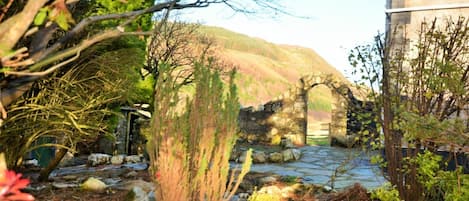 A garden with a stone pathway leading to a stone archway, surrounded by various plants and trees.