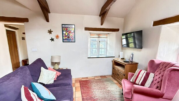 Una sala de estar con un sofá morado, un sillón rosa, un armario de madera, un televisor y una ventana con vistas.