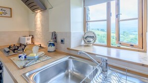 Una cocina con estufa a gas, un lavamanos, un ventanal con vistas y un plato decorativo en el alféizar.