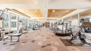 Un gimnasio con máquinas de cardio, bancos de pesas y equipo de ejercicio.