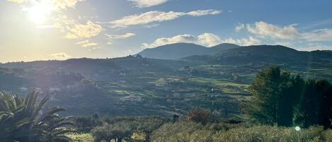 A rural landscape with rolling hills, a clear sky, and a sunlit horizon.