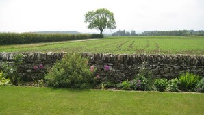 A stone wall with a tree and flowering plants in a rural field. - 2 Bed in Dundee (oc-58026) (Wellbank)