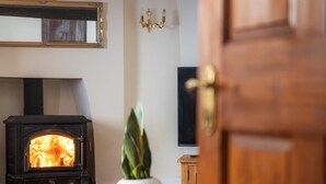 A room with a wood-burning stove, a potted plant, a wooden cabinet, and a mirror on the wall. - 5 Bed in Aberystwyth (oc-58889) (Llanrhystyd)